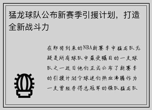猛龙球队公布新赛季引援计划，打造全新战斗力