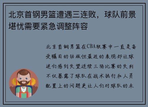 北京首钢男篮遭遇三连败，球队前景堪忧需要紧急调整阵容